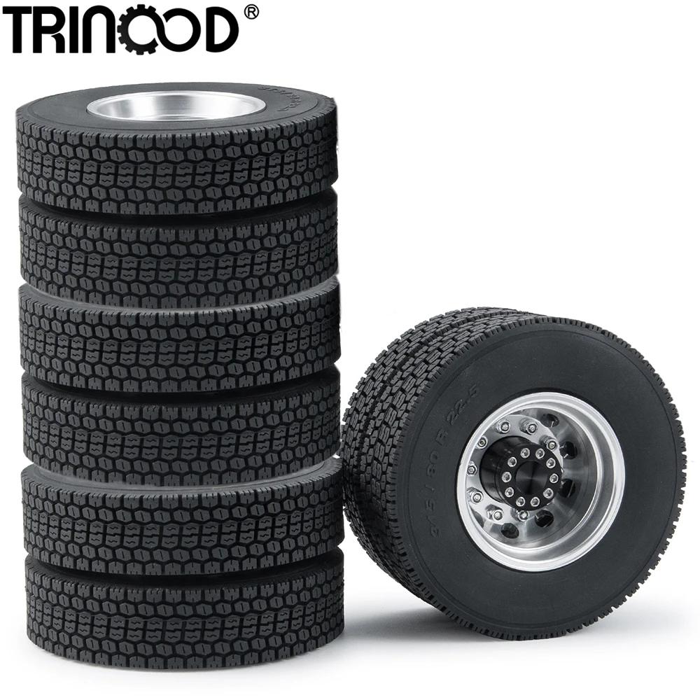 TRINOOD 4PCS Tamiya Rear Wheel Rim Hub and Rubber Tires Kit for 1/14th RC Car Tractor Truck Trailer Cargo Truck Wheels Parts