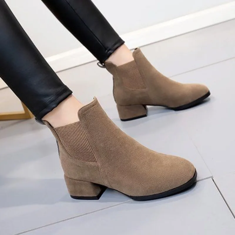 Obuwie Eleganckie buty na średnim obcasie Damskie buty za kostkę Czarne krótkie buty dla kobiet Chelsea Booties Suede Wysokiej jakości buty Y2k