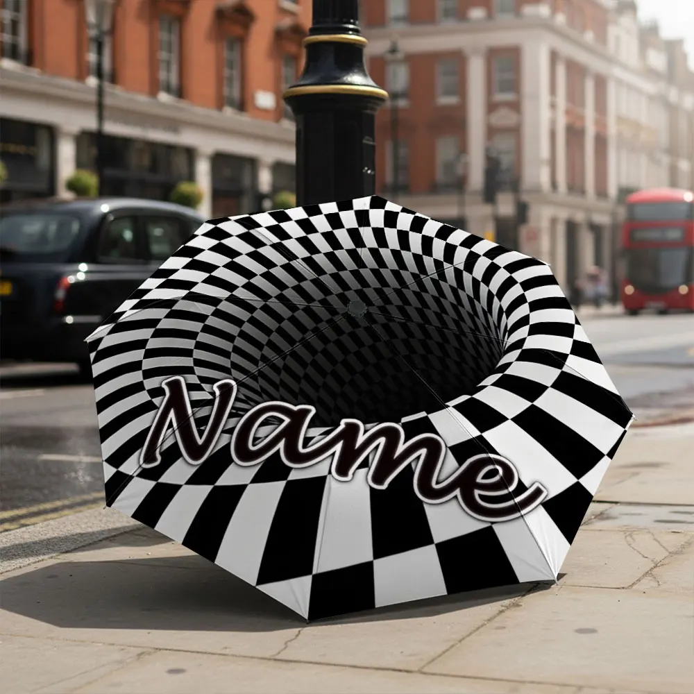 Custom Name Umbrella Black White Checkered Optical Illusion Vortex Tunnel Print Folding Umbrella,Portable Parasol For Art Lover