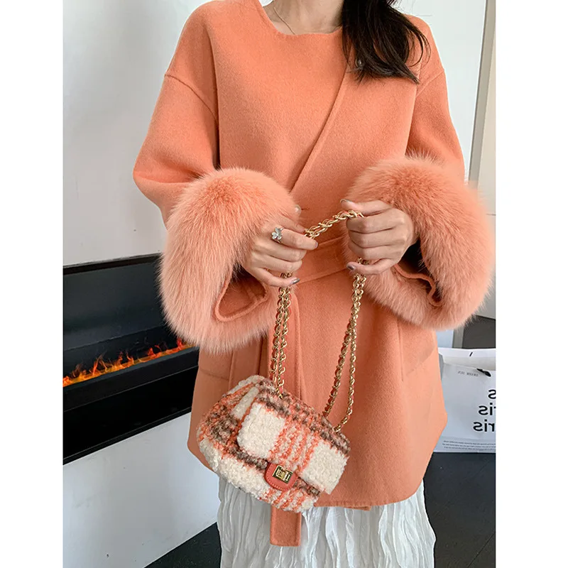 2023 Woolen fur,New  Sweet Loose-fit Cashmere Wool Blend Coat For Women Fall Winter Detachable Genuine Fox Fur Scarf Belt Wool C