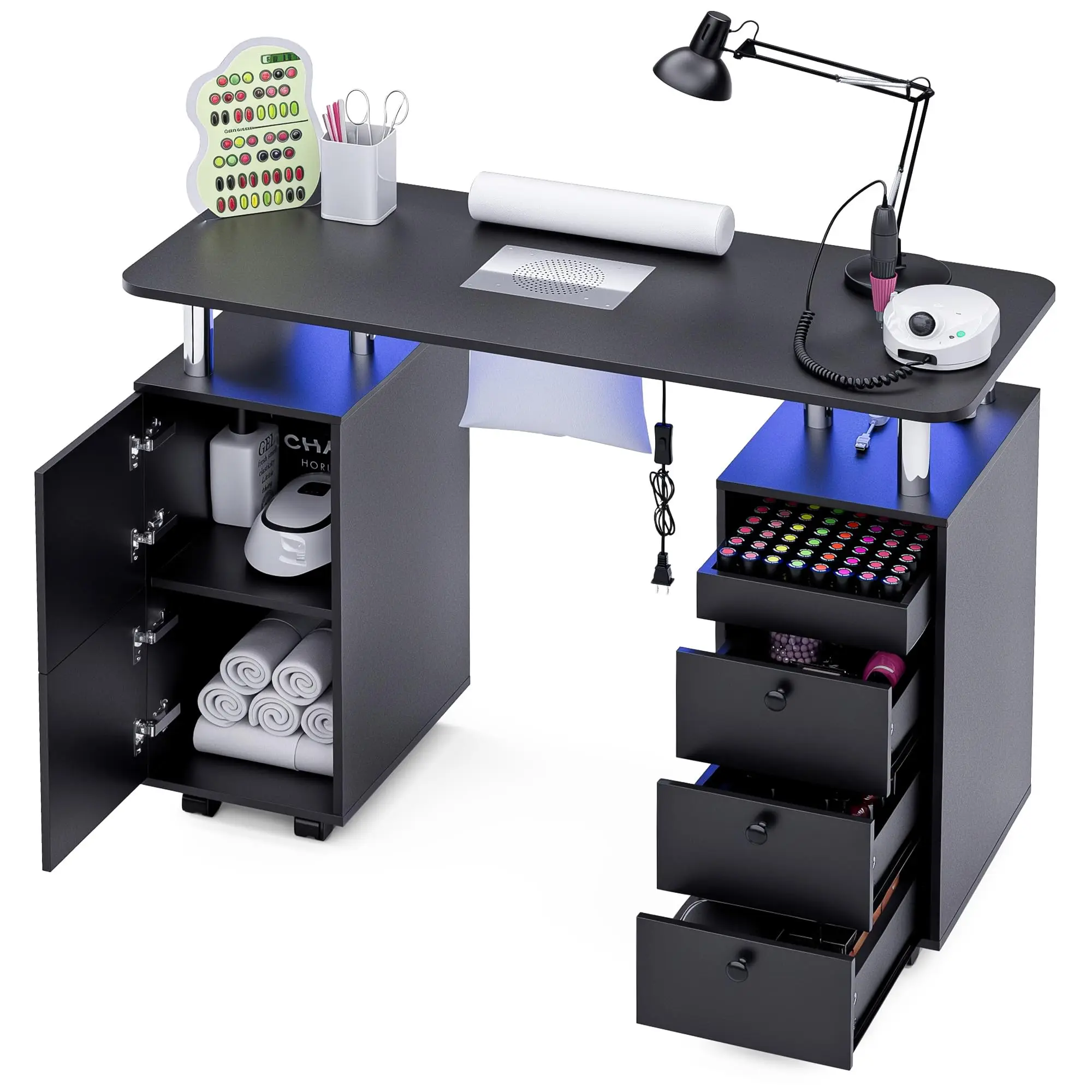 Nail Desk for Nail Tech w/Electric Dust Collector, Rolling Manicure Table w/Lockable Wheels, Storage Drawers, Wrist