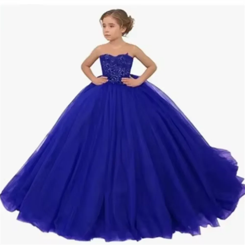 Blumenmädchenkleid Blau für Hochzeit Baby Prinzessin Ballkleider Spitzenapplikationen Schulterfrei Wunderschönes Abendkleid