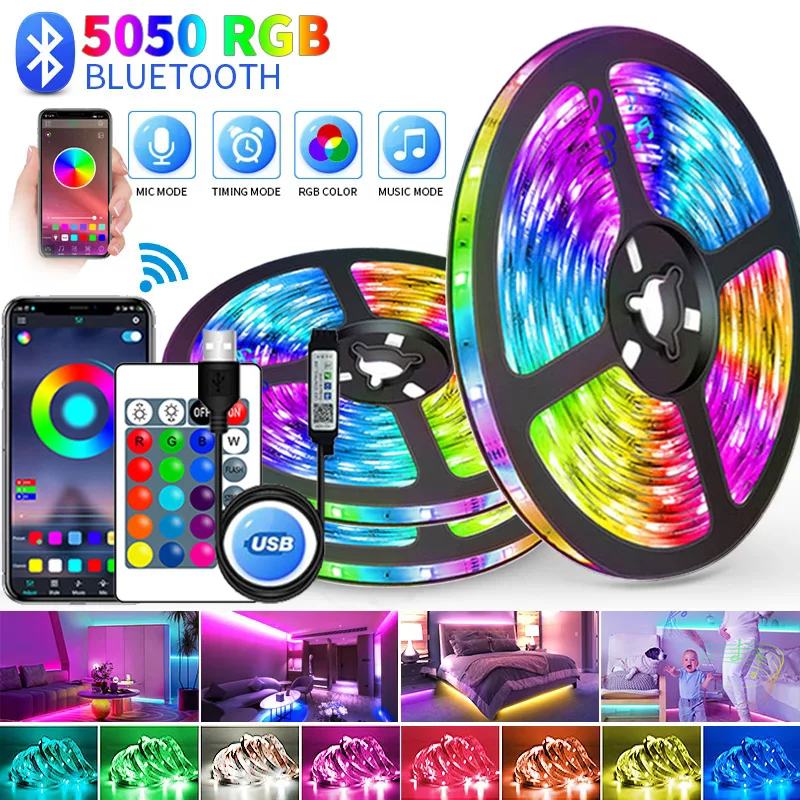 블루투스 USB LED 스트립 조명, 앱 제어, 색상 변경, 5050 RGB TV 백라이트, 유연한 램프 테이프, 방 장식용, WS2812B 