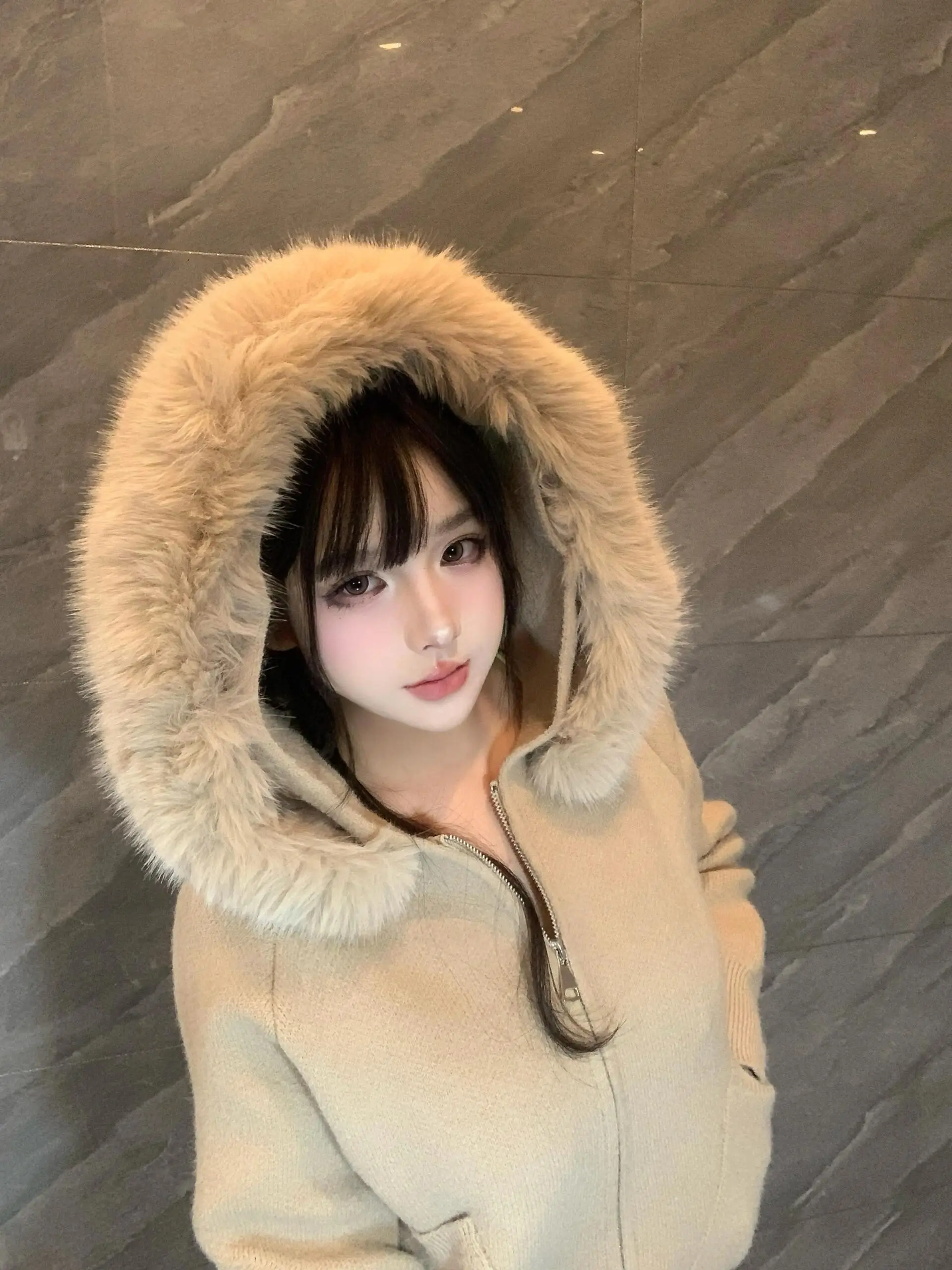 

Свободный вязаный кардиган с большим меховым воротником для женщин, осенне-зимняя новинка, мягкий, теплый, утолщенный, в стиле Lazy Sle