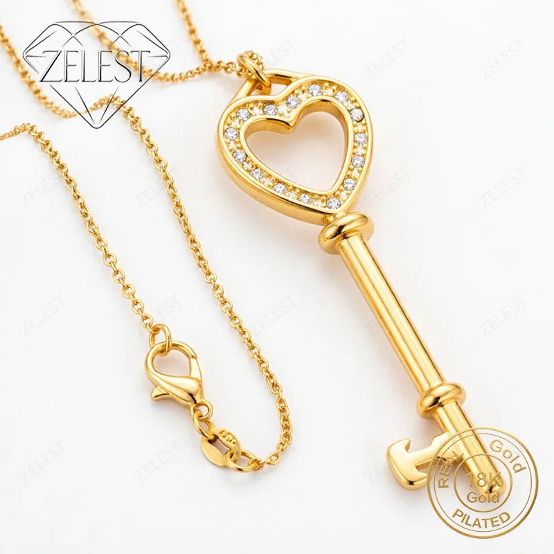 18K Gold Plated 16-30 Inch Exquisite Heart-Shaped Key Zirconia Pendant Necklace for Women, Fashionable Gift Accessory