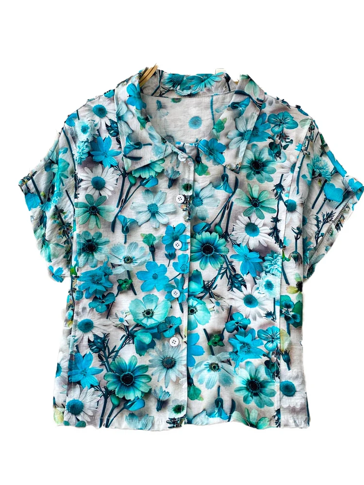 

Sweet Floral Print Turn-down Collar ort Sve Loose Casual Women's irt Summer 2025 Anti-UV Slimming Top for Younger Look