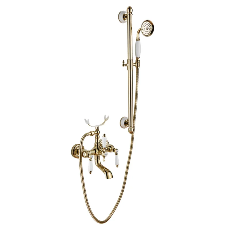 

European brass retro shower, lifting rod simple bathtub shower set, hot and cold bathroom