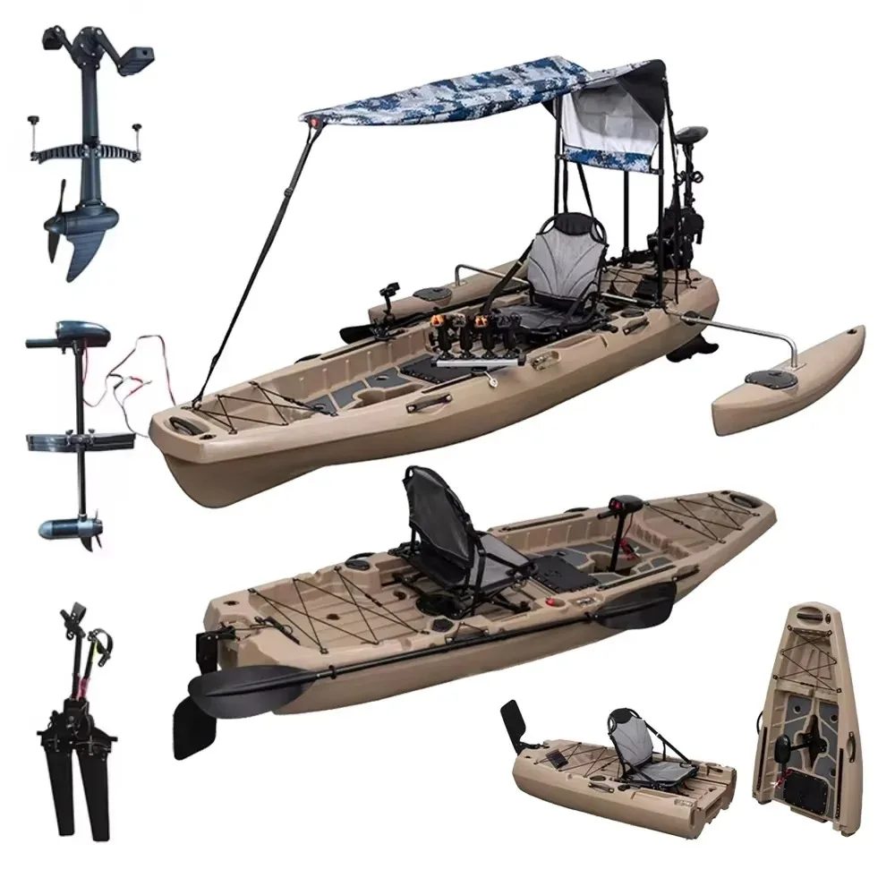 LLDPE Modular Kayak Canoe w/Pedal & Electric Drive, Fishing Boat Adjustable Seat Hard Shell Portable Roll-Molded Raft