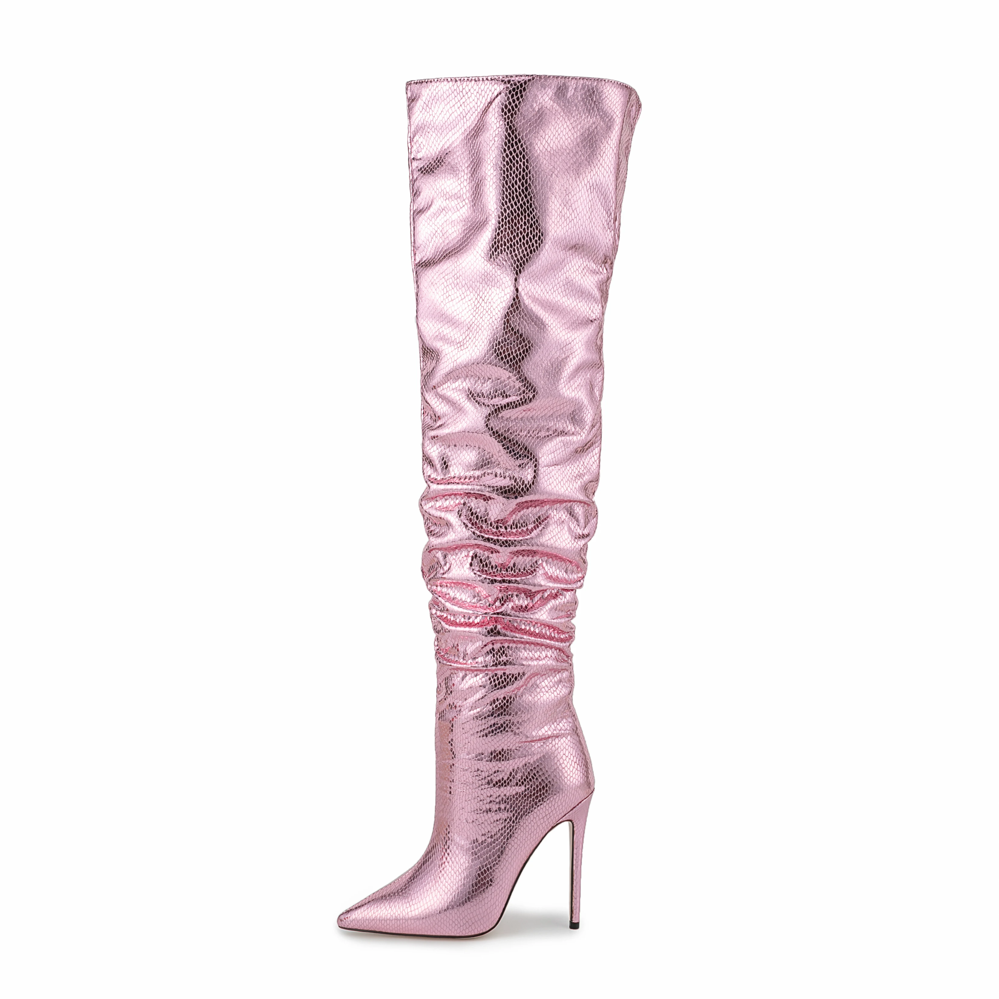 Arden Furtado 2024 Woman's Pink Snake pattern Thigh high boots Pointed toe Slip-on Pleated Super high heel Modern boots