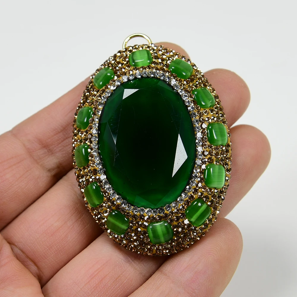 APDGG 2 Pcs Big Yellow Cz Paved Green Crystal Cat Eye Oval Shape Pendant Charm Fashion Jewelry Necklace Making DIY