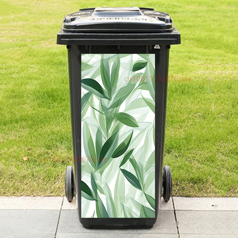 INS Flower Printed Outdoor Trash Sticker Waterproof Vinyl PVC Green Leaves Plant Trash Can Poster Decorations Rubbish Bin Decals