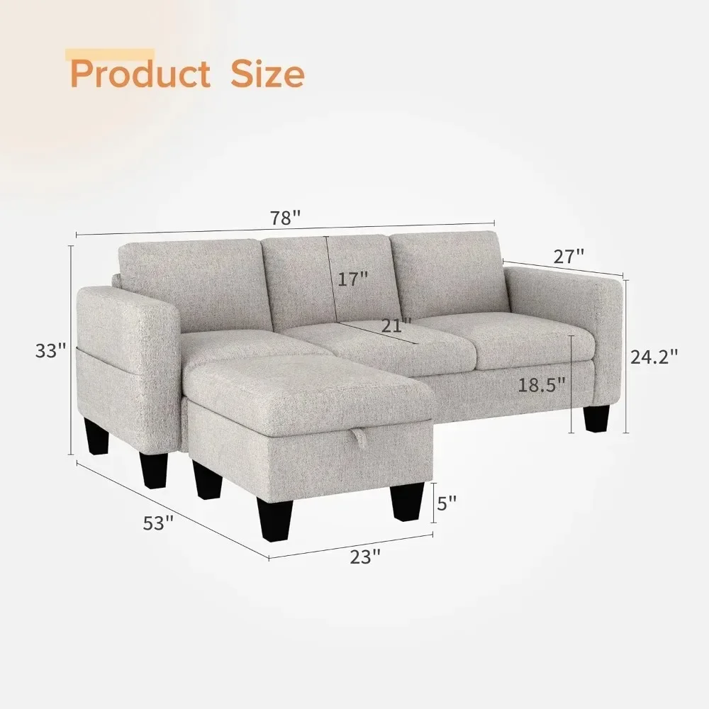 Convertible Sectional Sofa Couch - Classic 3 Seat L-Shaped Sofa with Movable Ottoman in Modern Mocha Brown Velvet Linen