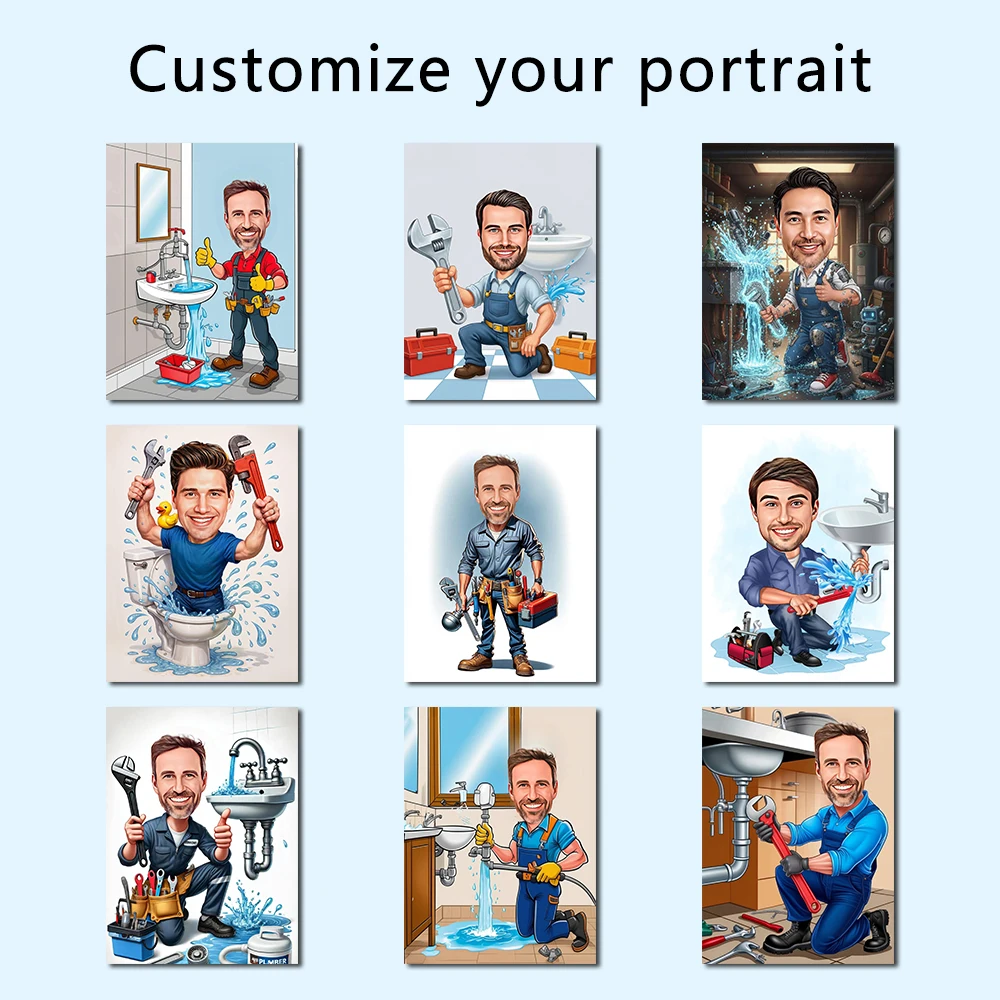 Personalized Custom Plumber Cartoon Portrait Funny Caricature Art Canvas Poster Plumber Man Picture Print Room Wall Decor Gift