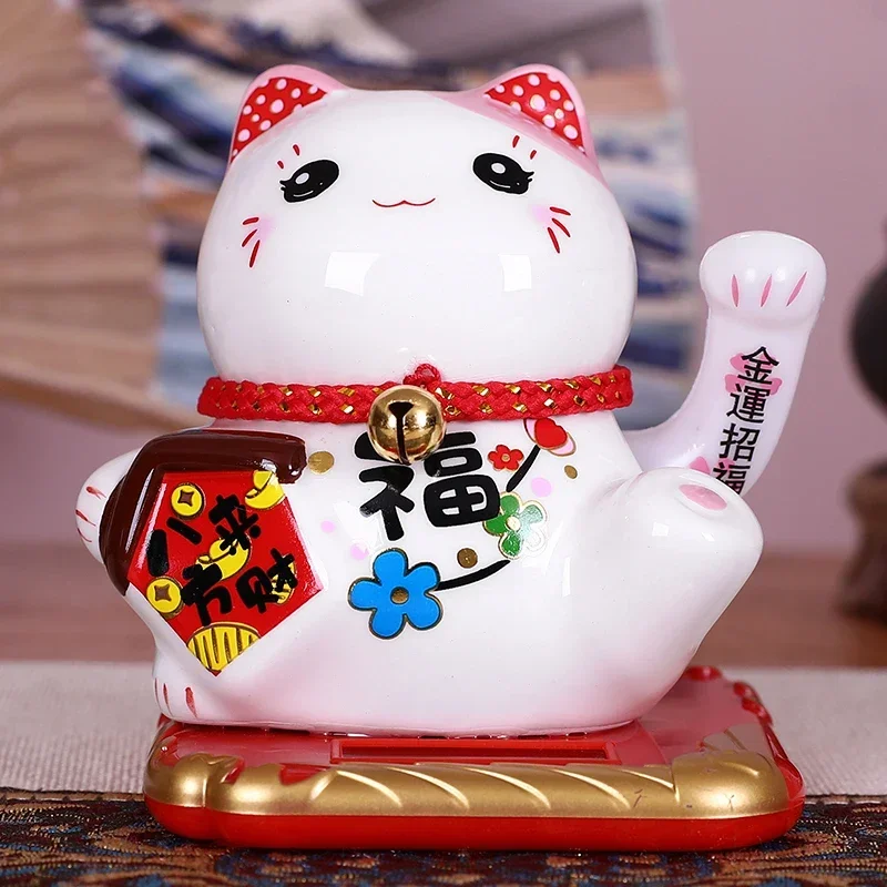 

Solar Powered Ceramic Lucky Cat Maneki Neko Shaking Arm Beckoning Fortune Cat Home Car Decoration Gift Wealth Waving Arm Cat
