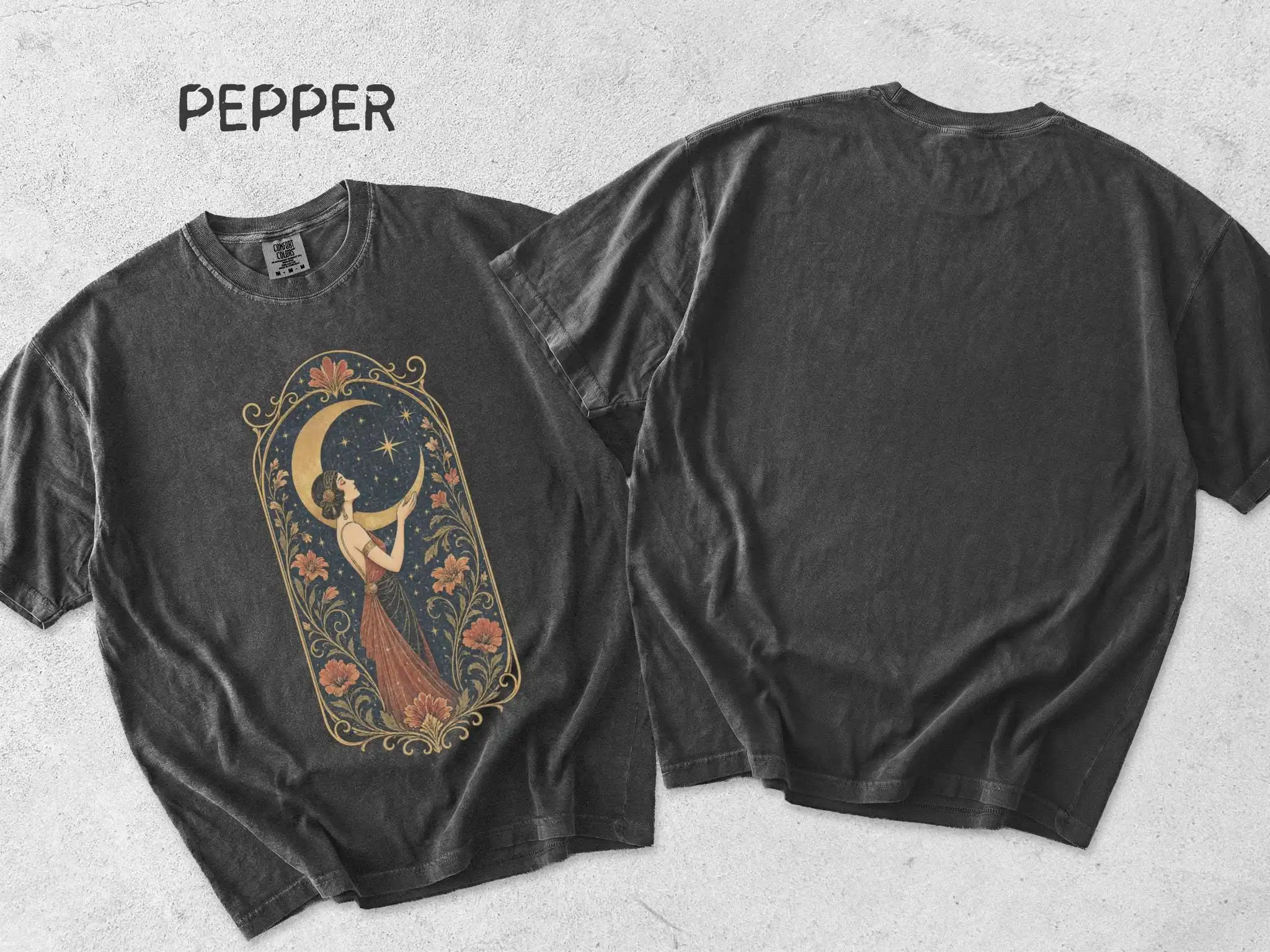 Art Nouveau Moon Goddess T-shirt | Celestial Woman Illustration