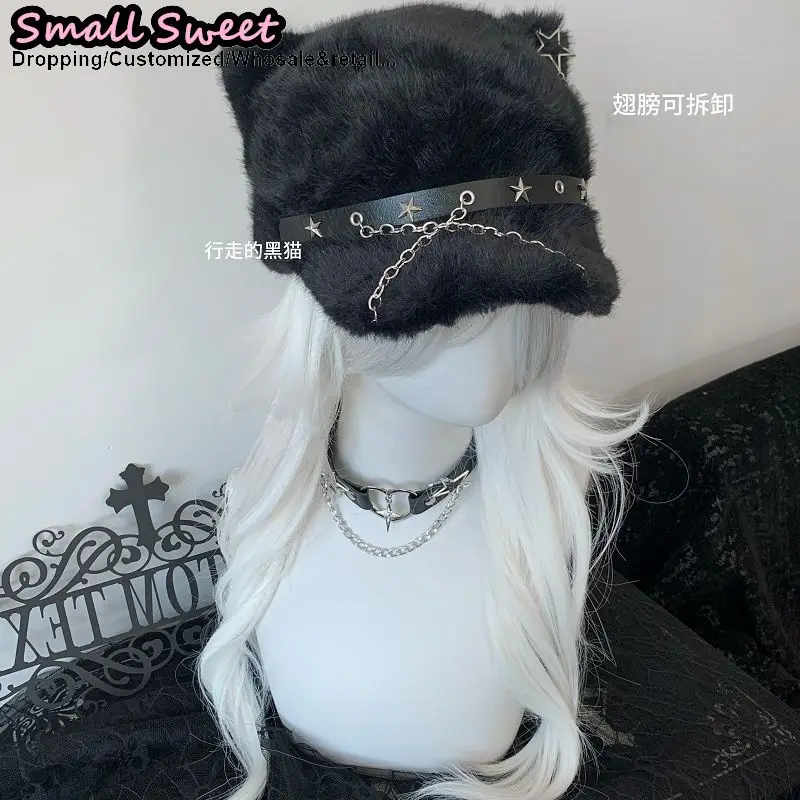 Gothic Lolita Y2K Beanie Hut Frauen Katze Ohr Flügel Schwanz Stern schöne Herbst Winter Hip-Hop flauschige süße spitze Pullover Beanie Hüte