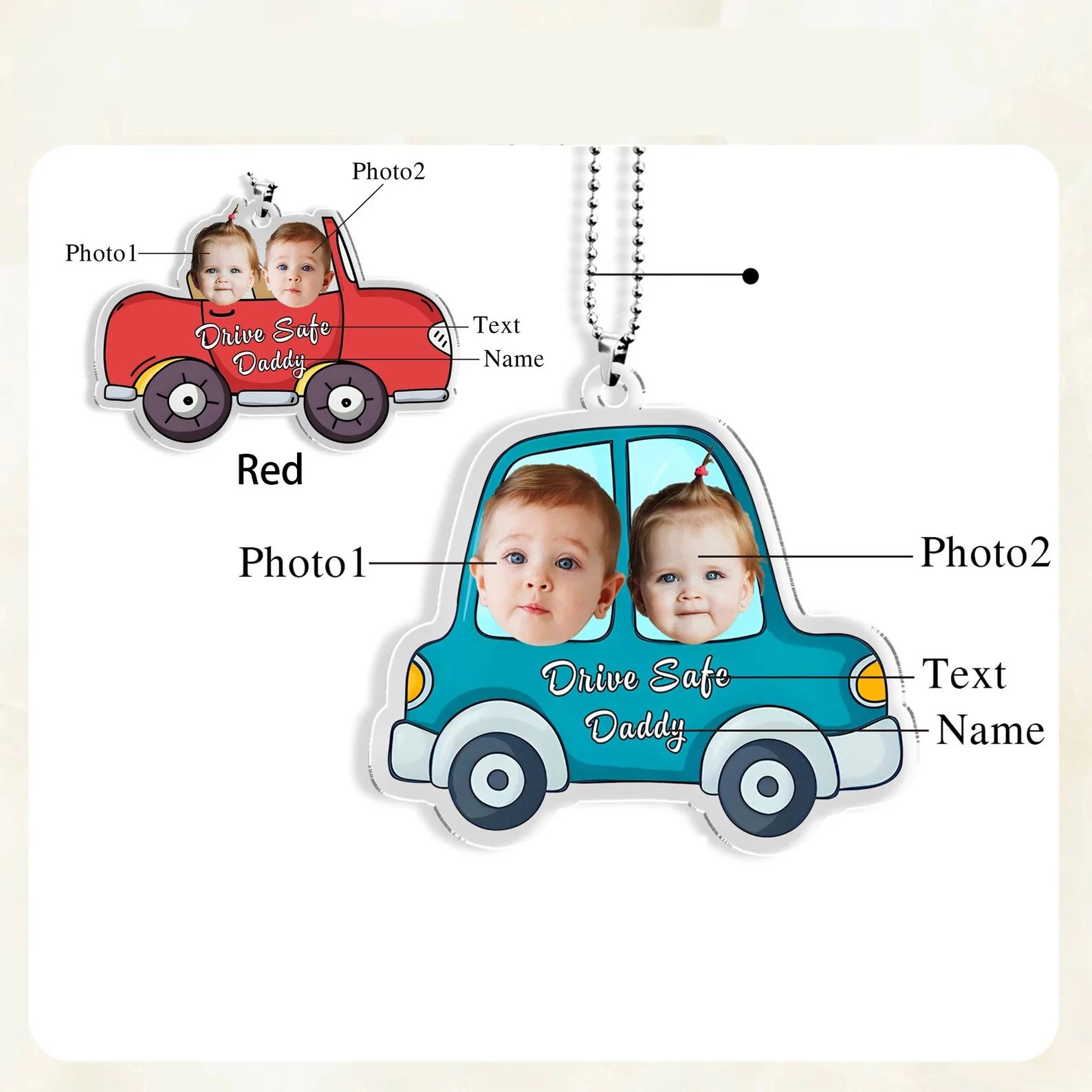 Acrylic Custom Baby Photos Text Car Pendant Keychian Lanyard Dad Mom Gift Cute Baby Bus Picture Print Personalized Car Ornament