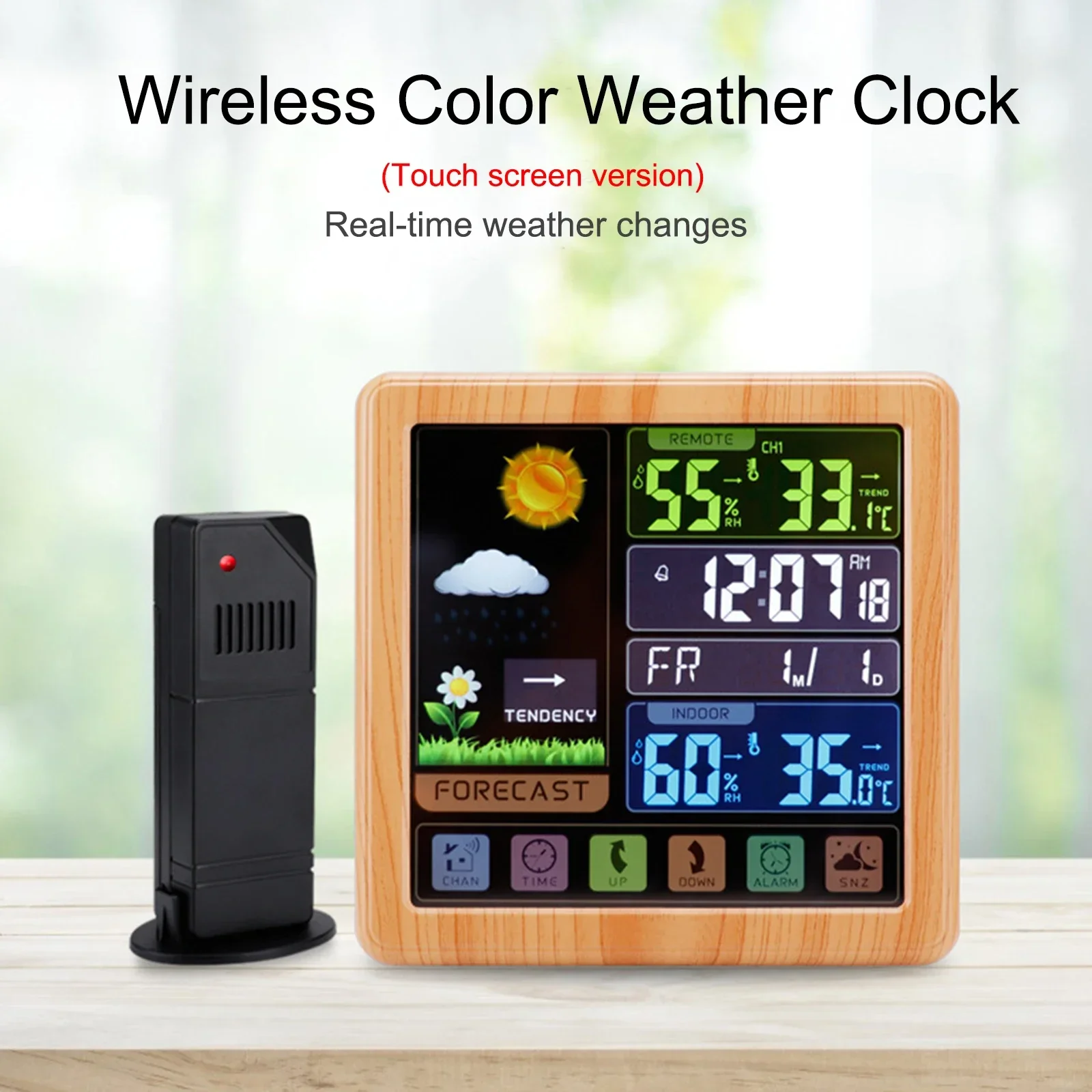 

Color Weather Station Clock Digital Display Touch Screen Thermometer Hygrometer Desk Alarm Clock with Wireless Sensor