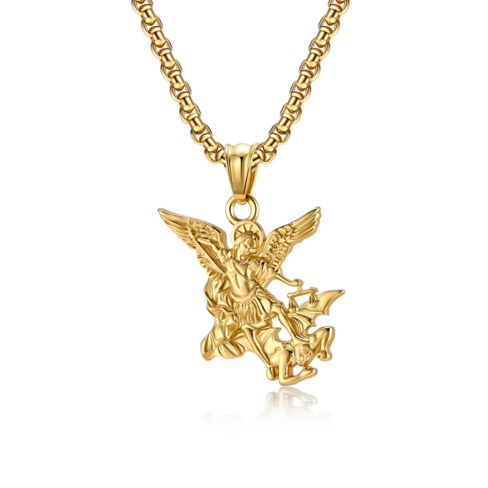 18K Gold Plated 316L Stainless Steel Saint Michael Pendant Necklace Archangel Michael Pendant Chain Set