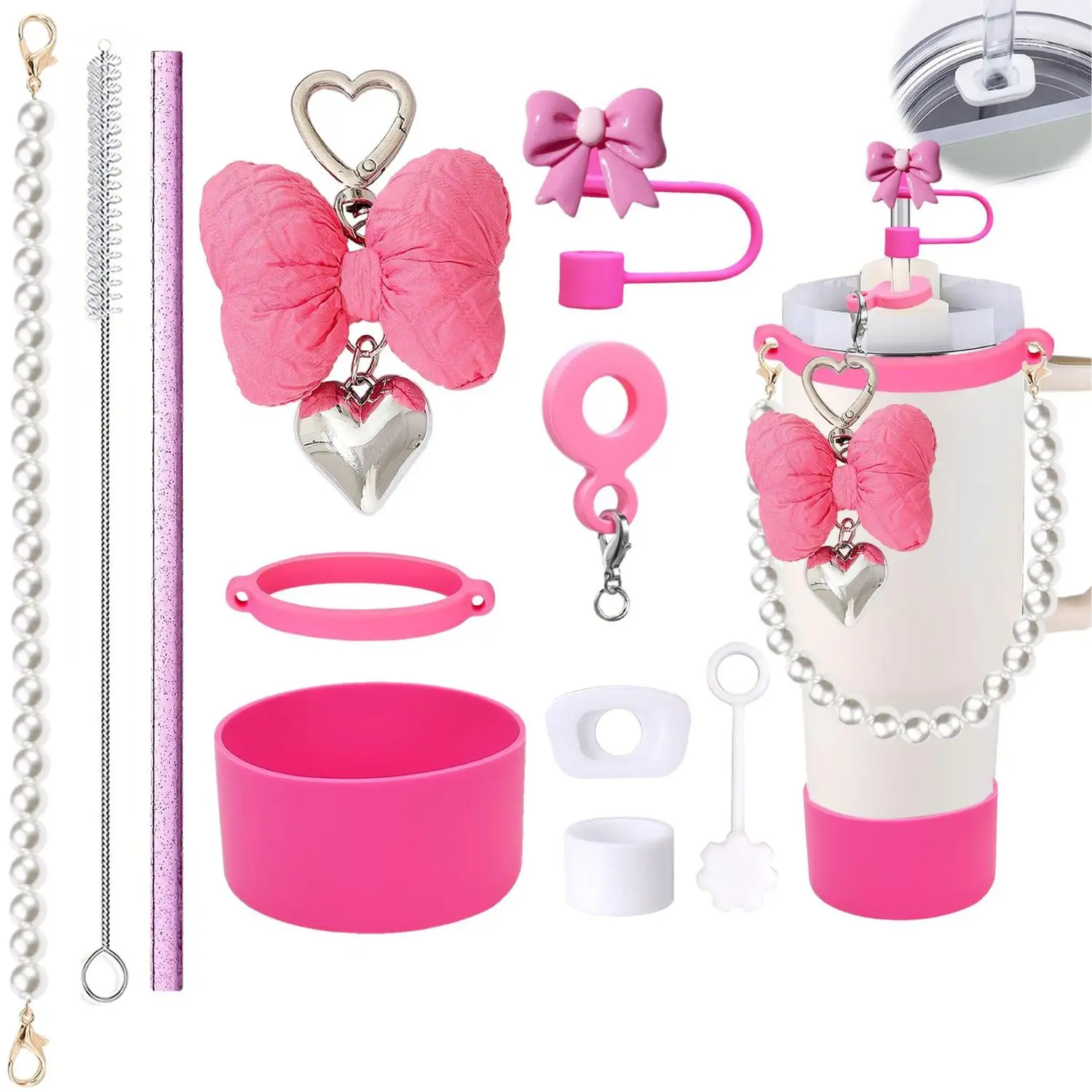 Dopamine-Padding Resin Straw Topper with Padded Bow Pendant Silicone Cup Sleeve Leak-Proof Plug Set And Cup Chain for Stylish Dr