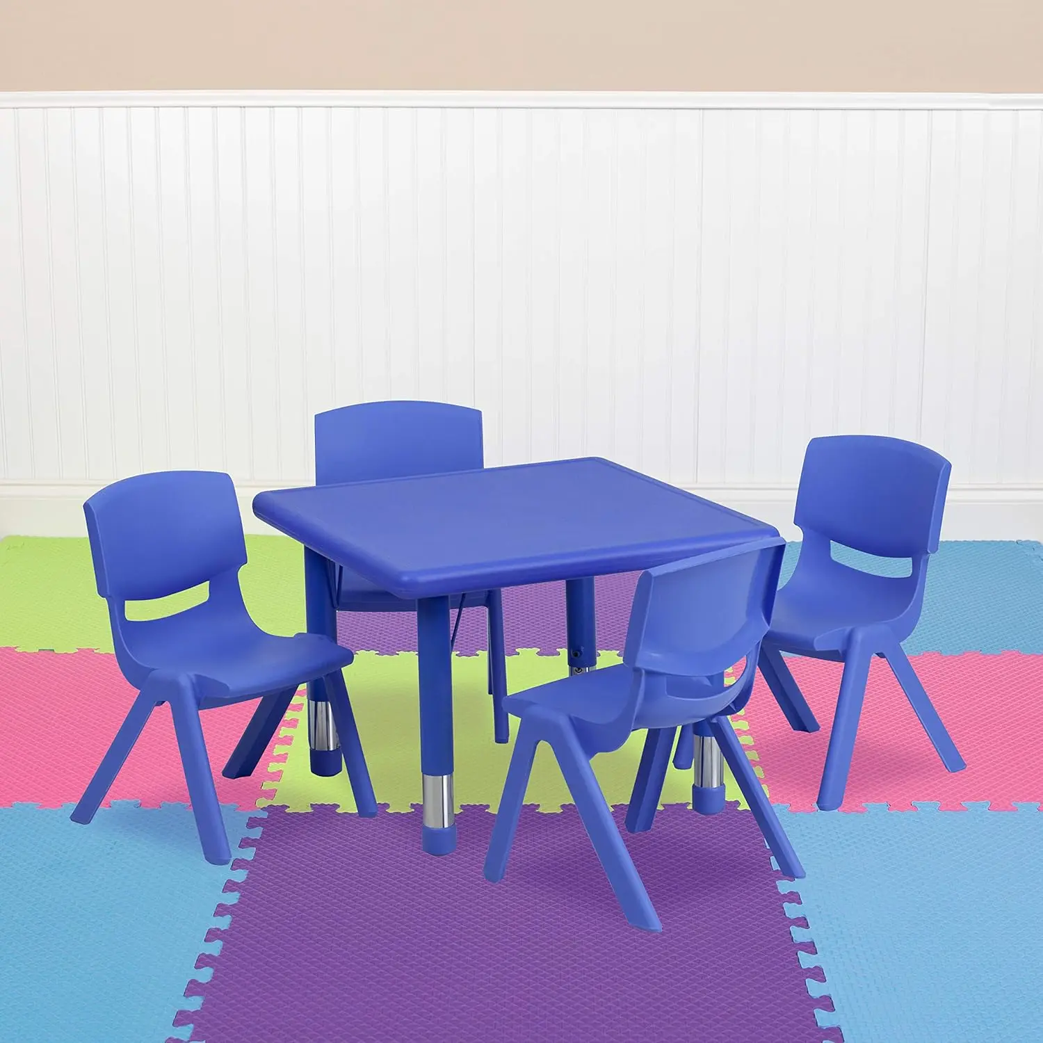 Emmy 24'' Square Blue Plastic Height Adjustable Activity Table Set With 4 Chairs