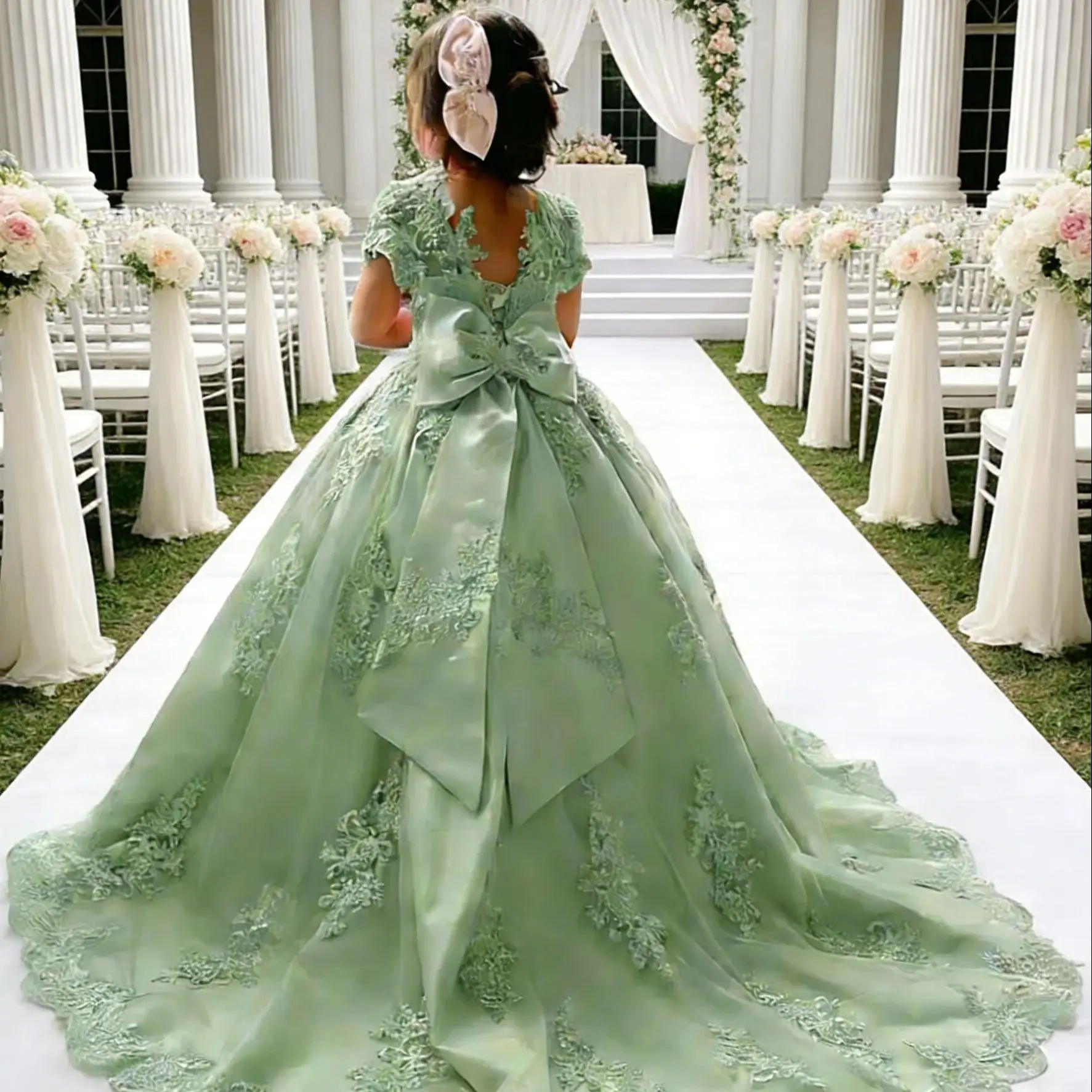 Princess Flower Girl Dresses for Wedding With Bow Beaded Appliques Pageant Kids Long Train Wedding Party First Communion Gowns