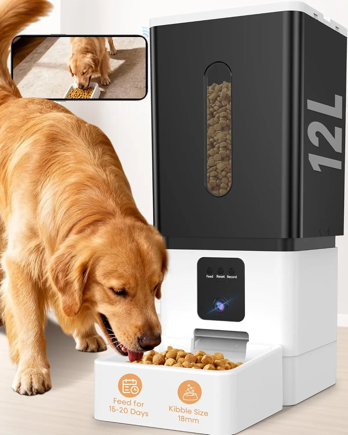 12L 50 Cup Timed WiFi Smart Large Dog Feeder Wide Anti-Clog Chute, Holds 20 Days Dry Food 1080P Camera Remote Monitor