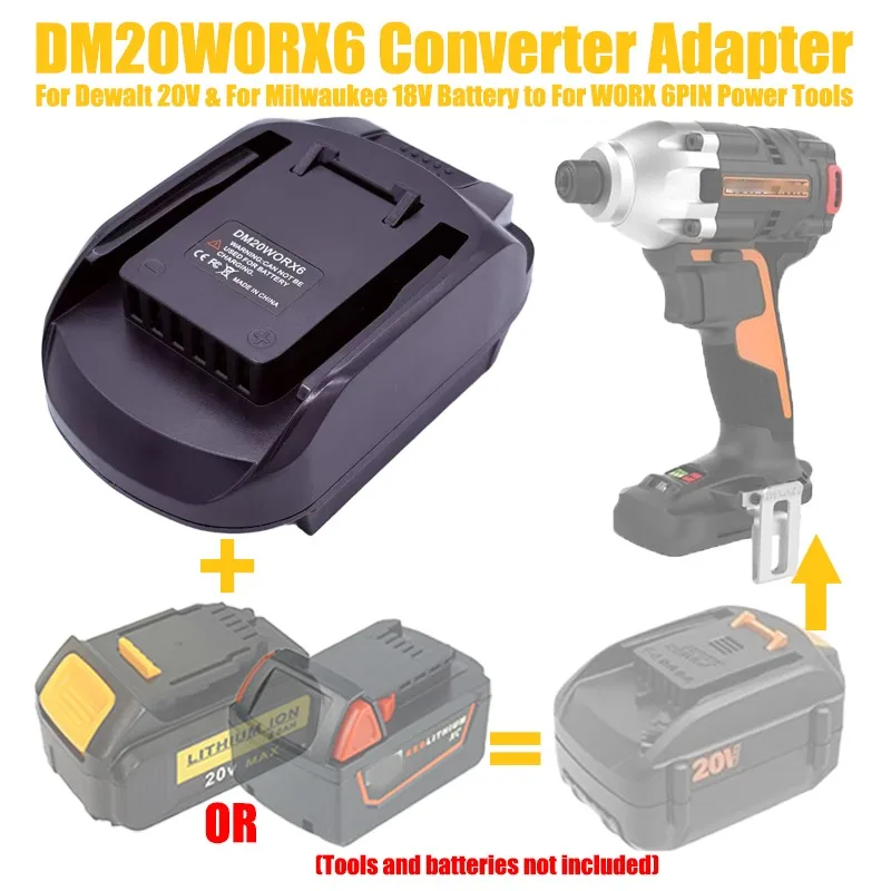 

ALASICKA Battery Adapter DM20WORX6 for Dewalt 20V for Milwaukee 18V Lithium Battery Convert To Work for Worx 20V 6PIN Power Tool
