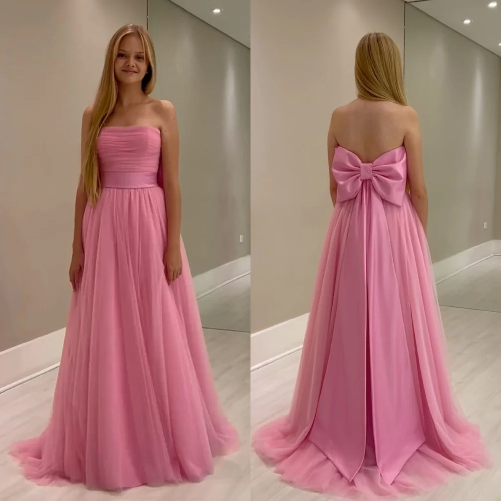 Net Draped Sash Bow Graduation A-line Strapless Bespoke Occasion Gown Long Dresses