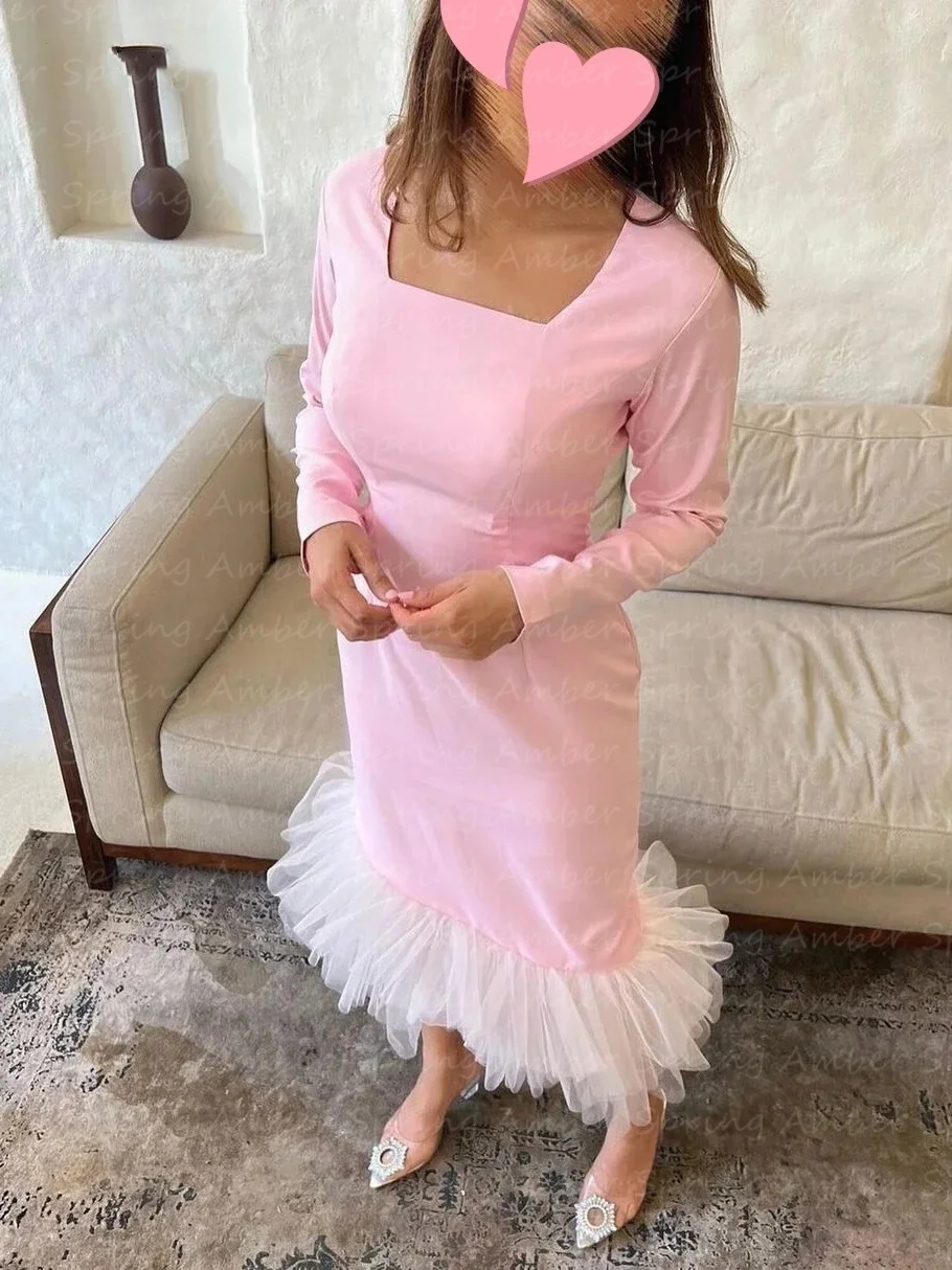 Sweet Arabic Aso Ebi Evening Dresses Baby Pink Long Sleeves Square Neck Women Formal Wedding Guest Prom Gowns Vestido De Noche