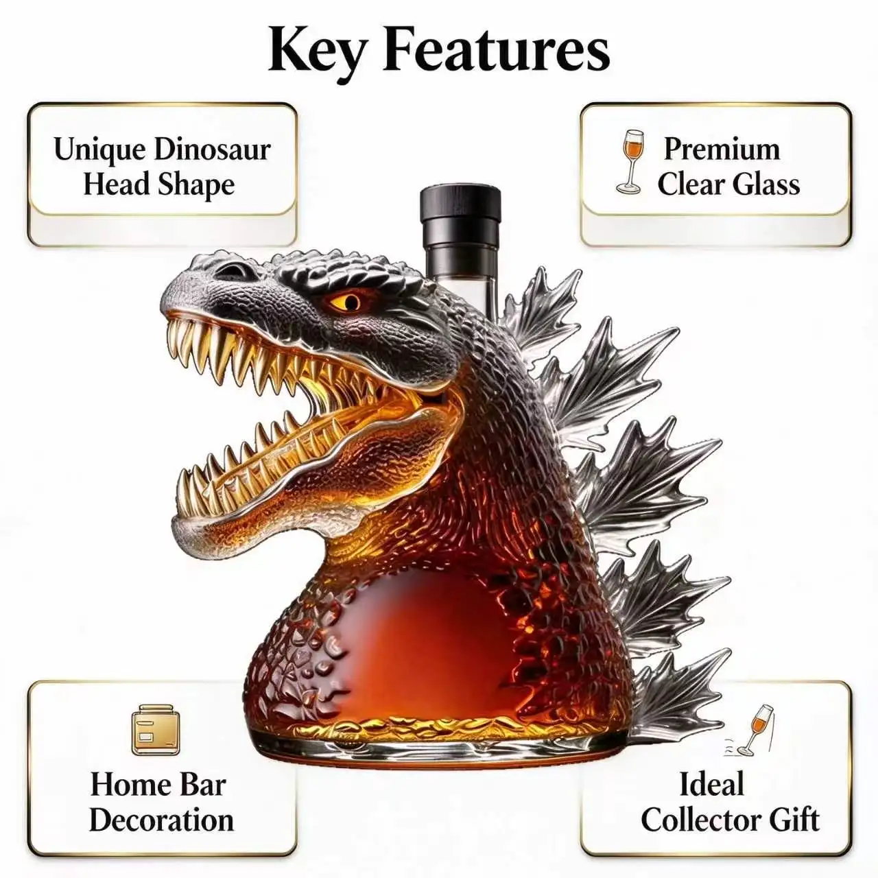 Monster Dinosaur Glass Liquor Decanter, Novelty Shaped Whisky Bottle, Bar Table Decor, Creative Gift for Drink Enthusiasts