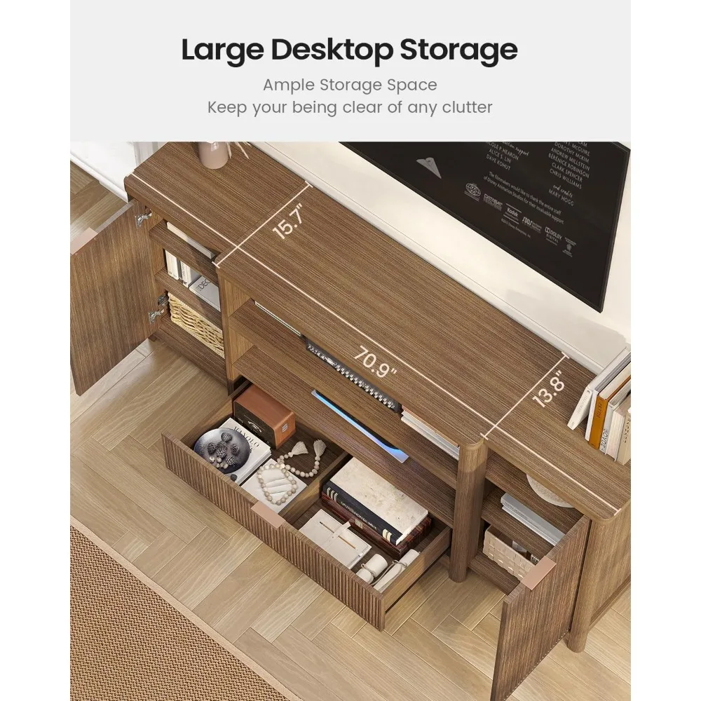 حامل تلفزيون مخدد لغرفة المعيشة، خزانة وحدة تحكم تلفزيون شديدة التحمل مقاس 71 بوصة مع مساحة تخزين ورف، تلفزيون حديث لمنتصف القرن