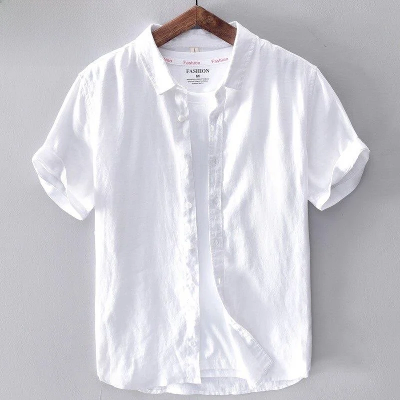 New Men's Cotton Linen Short Sleeve T-Shirt Loose Shirt Collar Outerwear Fashionable City Walk Breathable No Ironing Required