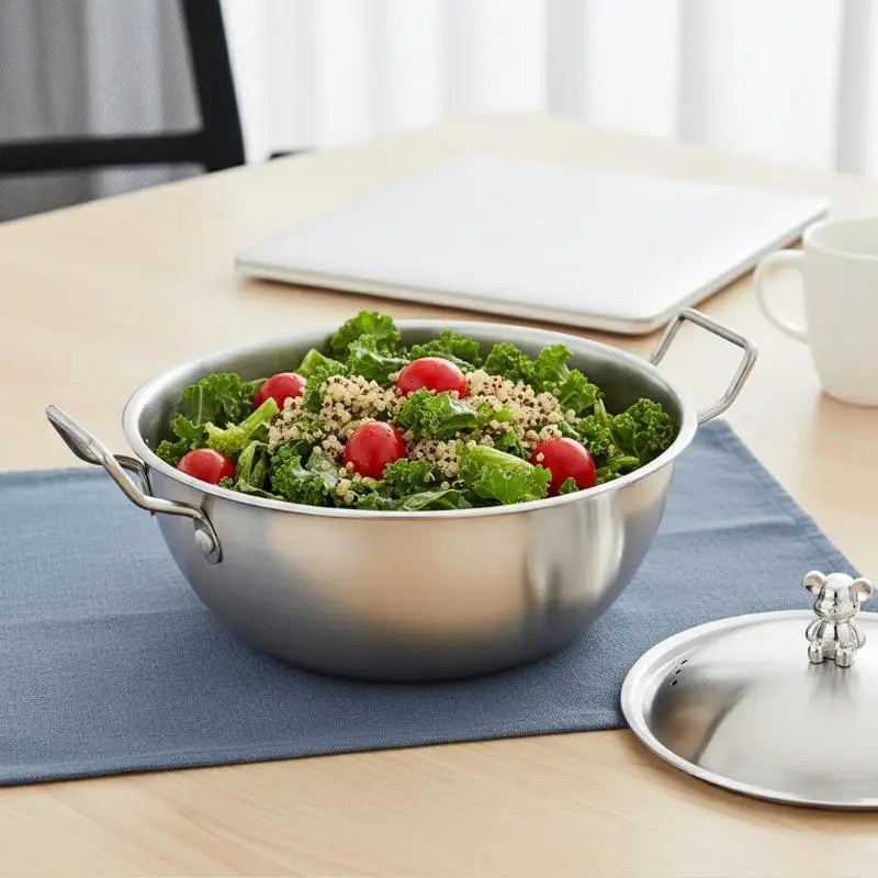 201 Stainless Steel Salad Bowl Melting Boiling Pot Instant Noodle Bowl Korean Rice Wine Bowl With Double-ear Handle Snack Basket