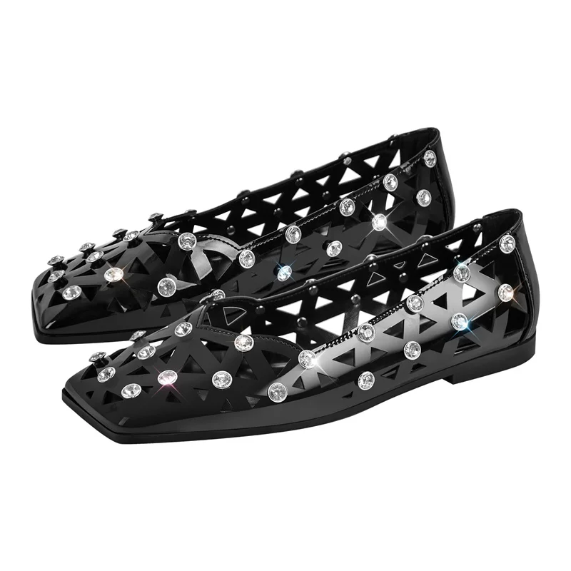 Onlymaker Woman Rhinestone Hollow Square Toe Flats Slip On Black Fashion Daily Flat Shoes