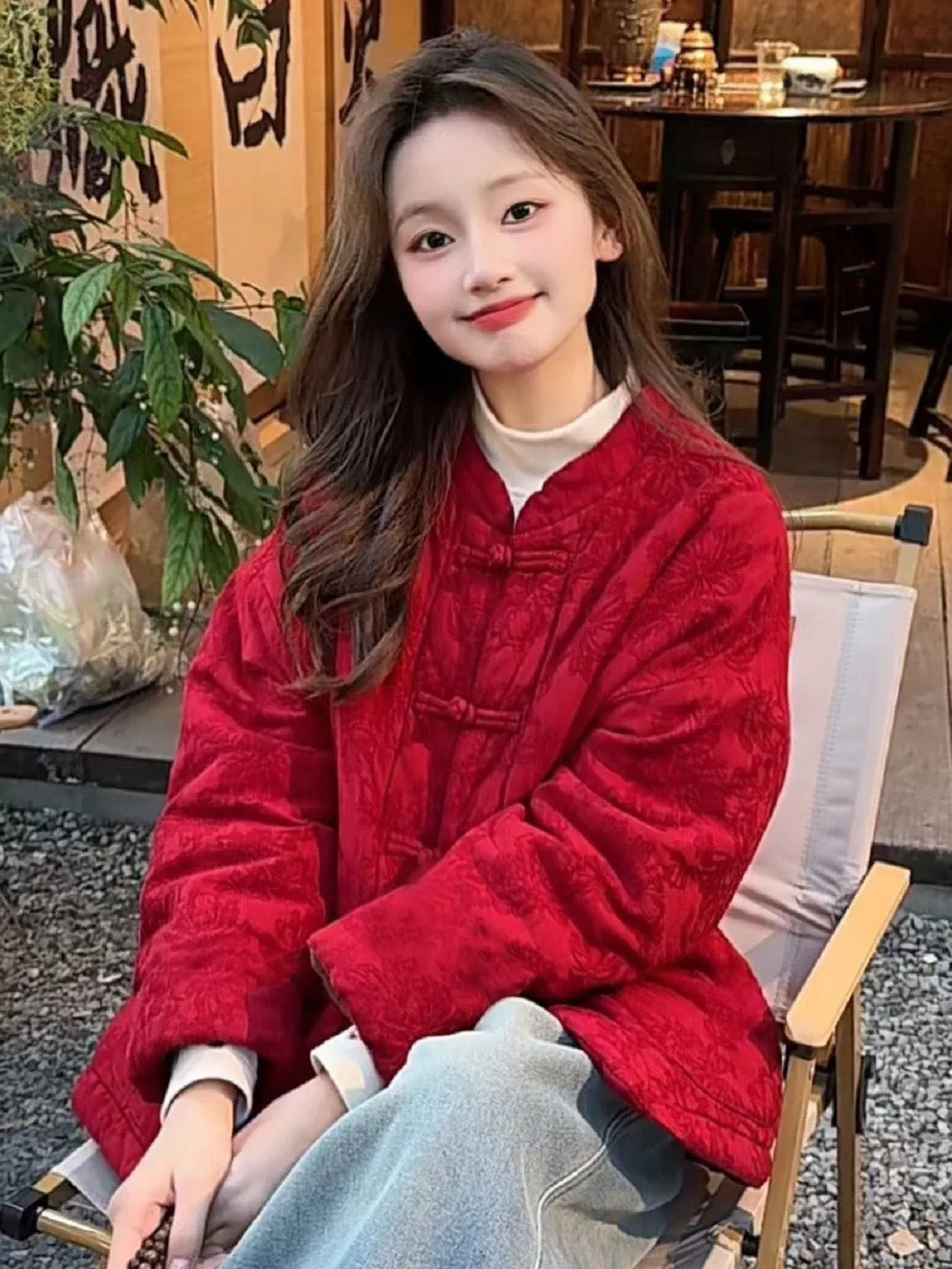 

Thiened Cotton Jaet Women's New Chinese Sle Embroidered Inner Cotton Warmth Outerwear Retro Loose Fit Long Sve Coat