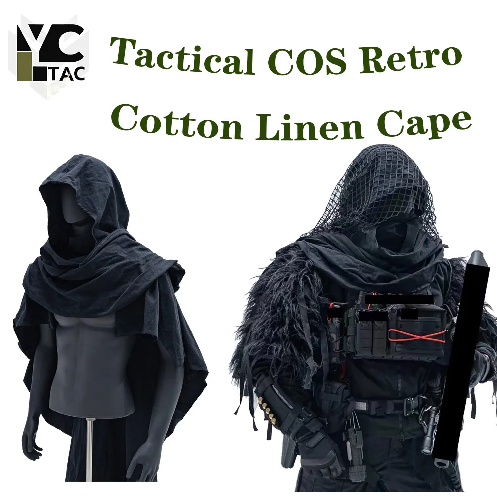 YCTAC Industrial Tactical Cos Retro Cotton and Hemp Cloak Outdoor Hunting Cloak Old Style with Hat and Head Cover Shawl cloak