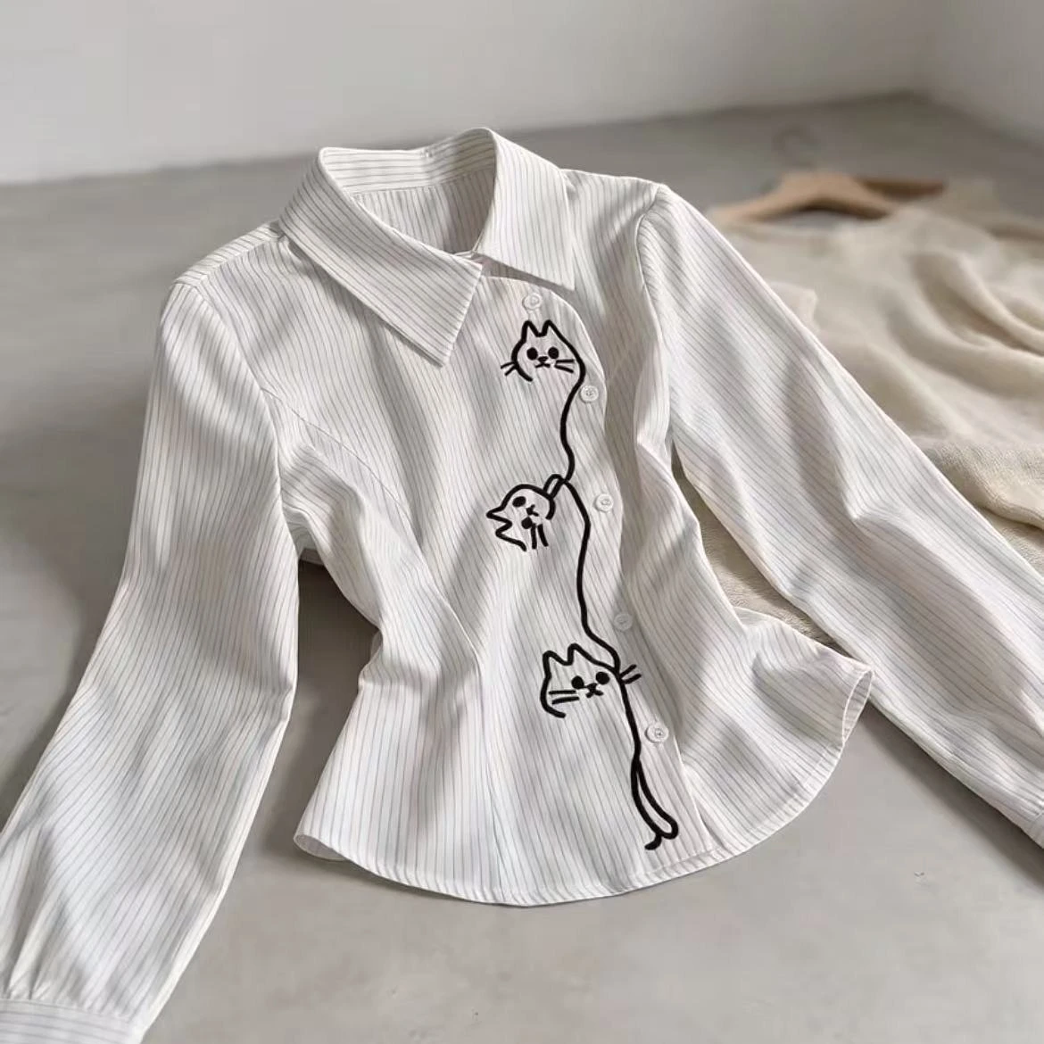 Striped Lapel Long Sleeve Blouse Asymmetrical Button Placket Line Cat Print Fitted Peplum Puff Cuff Casual Sweet Daily Shirt