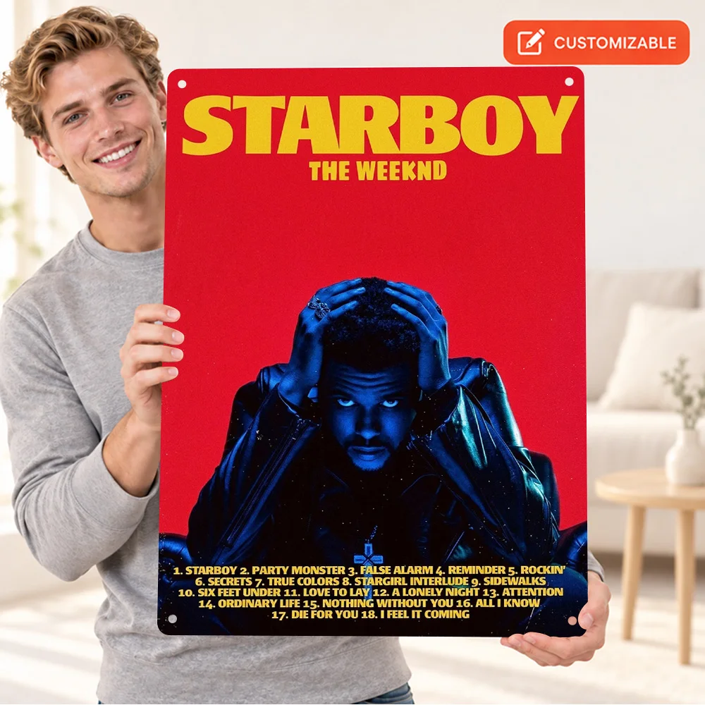 The Weeknd Starboy Album Textured Metal Poster Customized Aluminum Sign Blue Face Red Backdrop Graphic Wall Art For Music Room