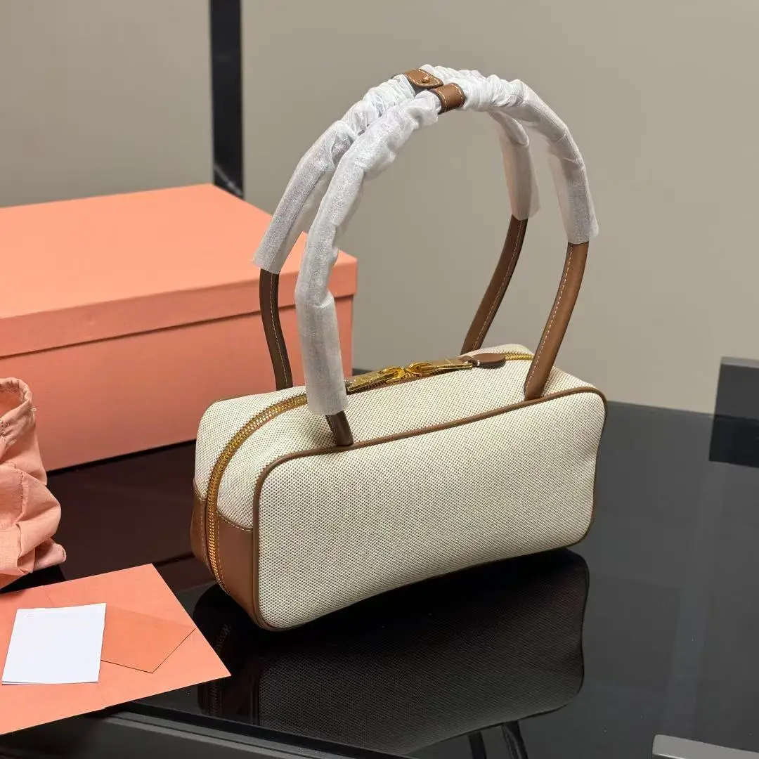 

High quality cowhide canvas splicing briefcase commuting retro casual versatile bowling bag handbag single shoulder Women's bag