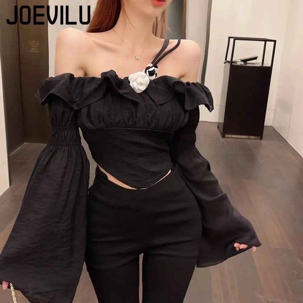 Ruffle Off Shoulder Shirt Flare Long-sleeved T-shirt Women's Spring and Summer Korean Minority Chic and Versatile Outerwear Tops