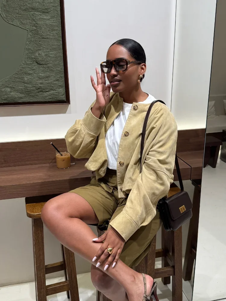 

Women Single Breasted Cropped Suede Jacket Casual O-neck Long Sleeve Loose Fit Coat 2025 New Autumn Lady Daily Street Outwear