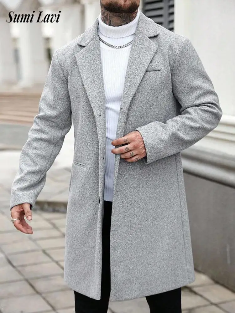 

Autumn Winter Casual Mens Woolen Trench Coat Stylish Solid Color Slim Button-up Overcoats For Men Vintage Lapel Long Jackets