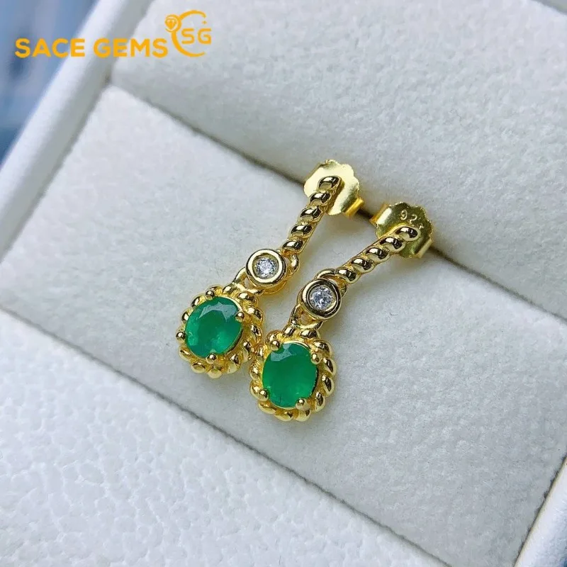 

SACEGEMS Fashion Drop Earrings for Women 925 Sterling Silver 4*5MM Natural Emerald Stud Earrings Wedding Party Fine Jewelry Gift