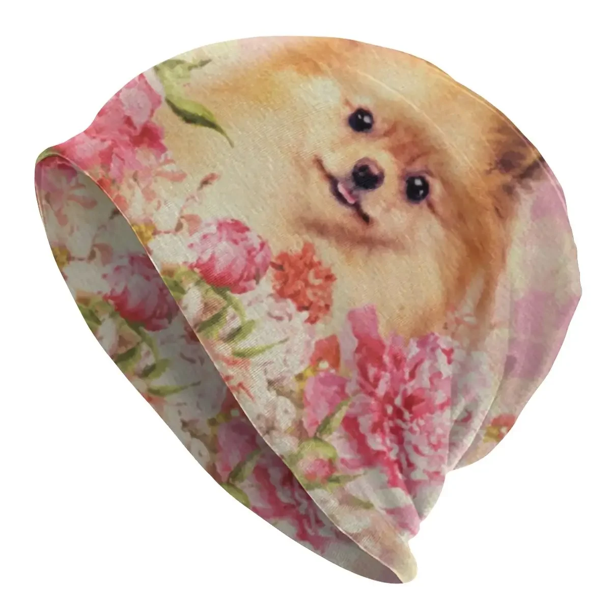 Winter Warm Cute Pomeranian German Spitz With Flowers Bonnet Femme Beanie Hat Hippie Pet Dog Outdoor Ski Skullies Beanies Cap