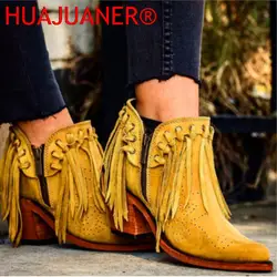 Women Walking Shoes Fringe Western Booties Female Suede Low Heel Round Toe Tassel Boots Ladies Ankle Boots Zipper Botas Mujer