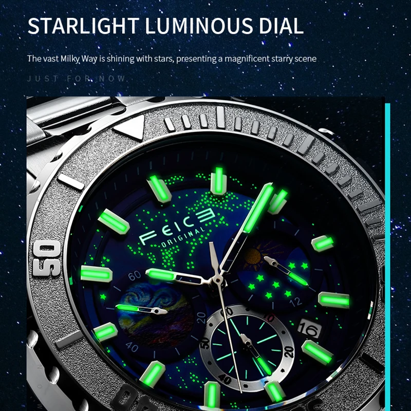 FEICE Men\'s watches Exquisite Timepiece Stunning Watch Fashion Dress Wrist Watch Moon Phase Day Date Luminous Waterproof FK131