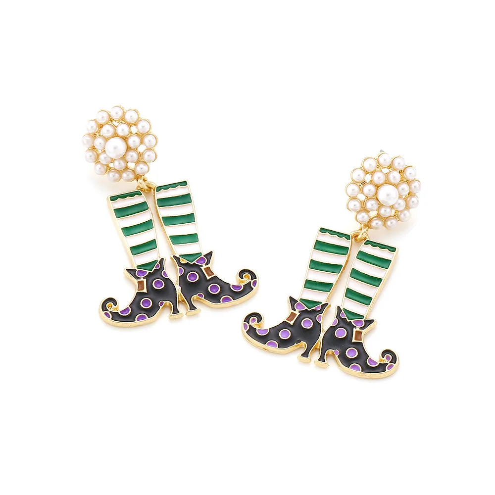 Creative Alloy Drip Wizard Boots Pendant Earrings Fun Pearl-studded Halloween Boots Earrings Women's Cross