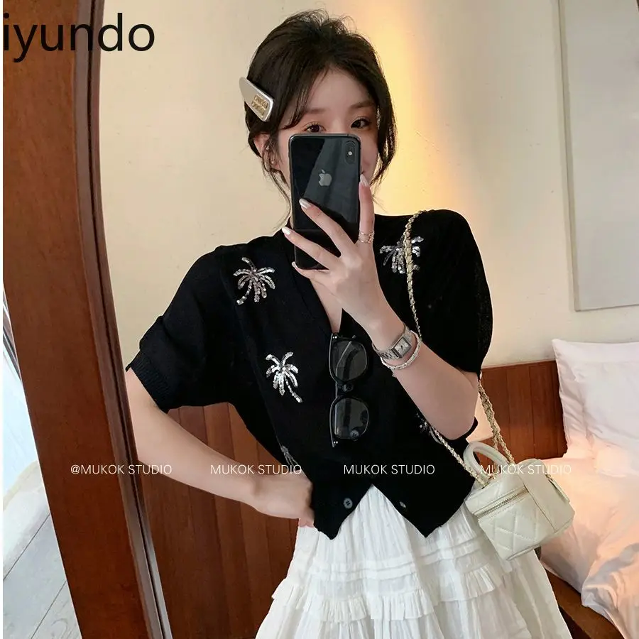 女性の夏 2024 プレミアム刺繍スパンコール半袖ニットカーディガン V ネック多用途カジュアル長袖トップ