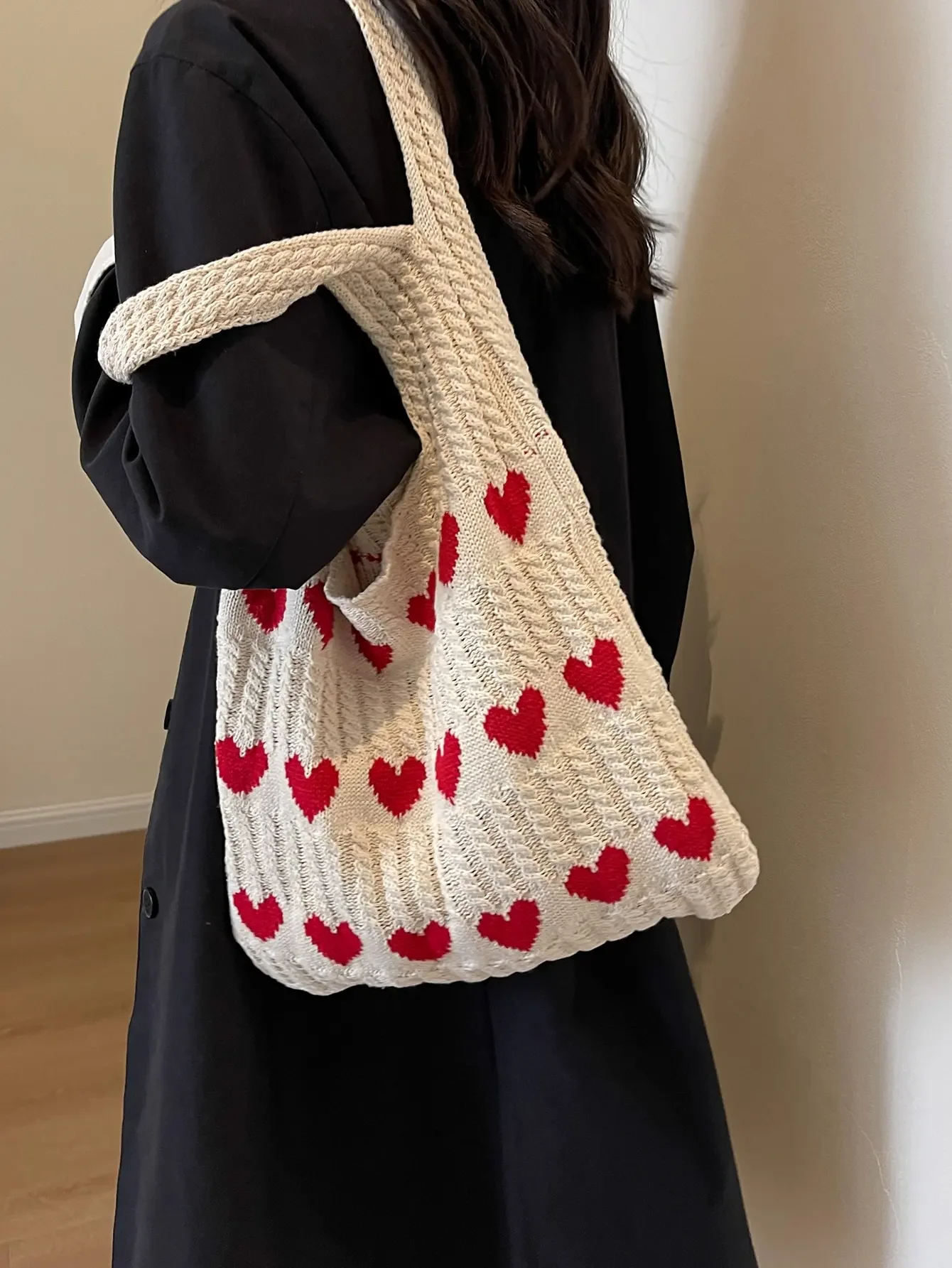 1pc Heart Pattern Color Blocking Crochet Handbag Shoulder Bag Large Capacity Fashion Beach Bag Versatile Commute Bag Large Bag